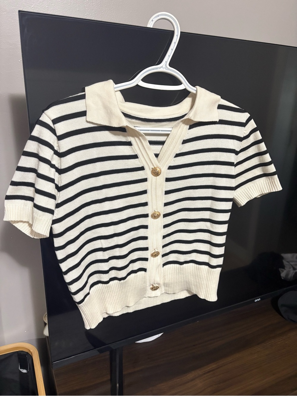 SHEIN Cream & Black Striped Short-Sleeve Knit Button-Down
